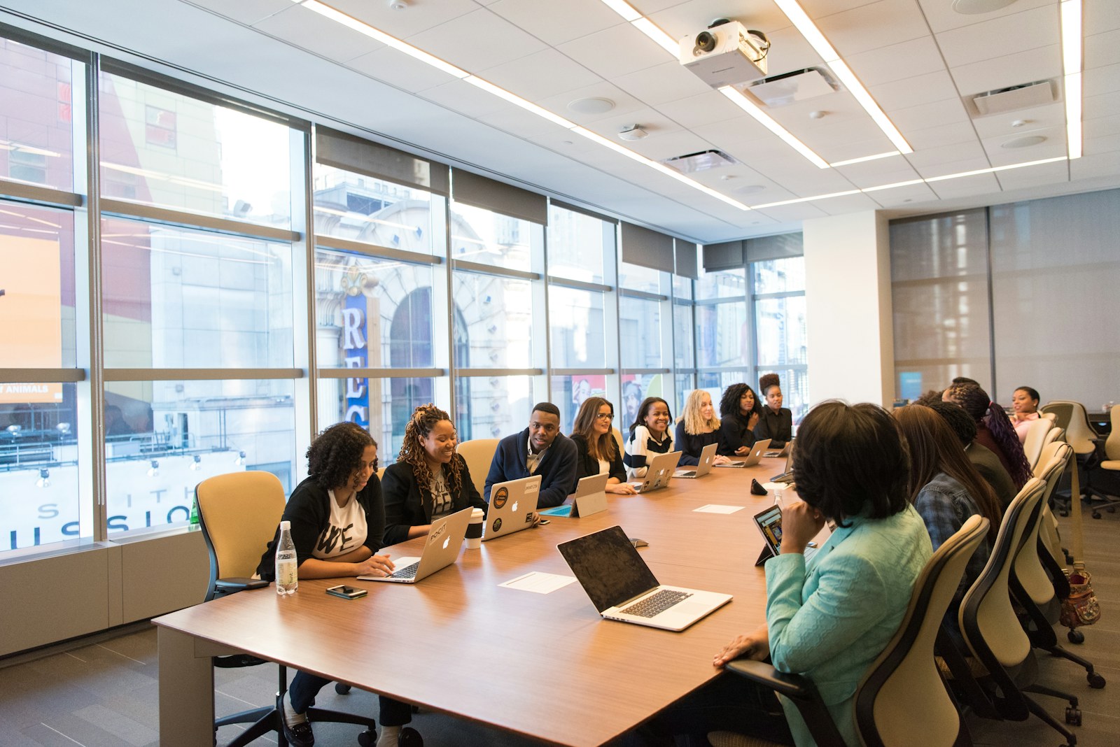 Business professionals collaborating in an office meeting